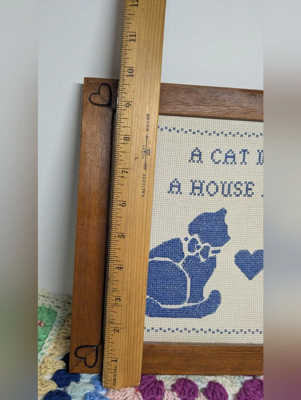 Cottagecore Blue Cat Cross-Stitch Wall Art - A Cat Makes A House A Home 🩵
